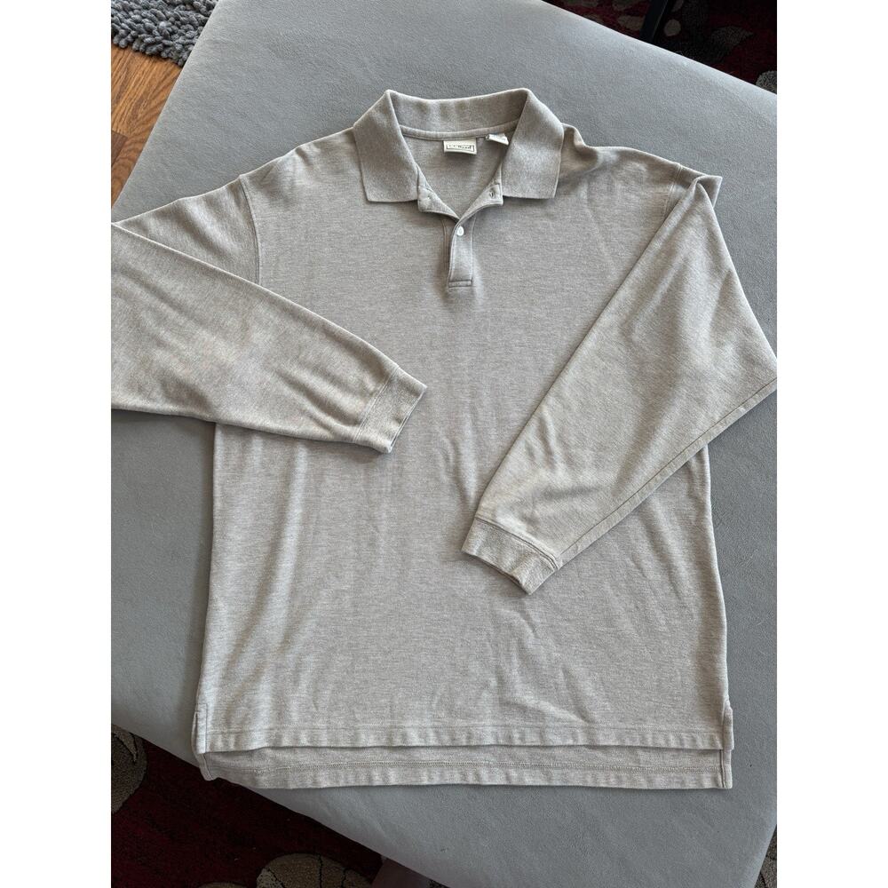 LL Bean Polo Shirt Mens Large Beige Long Sleeved Cotton